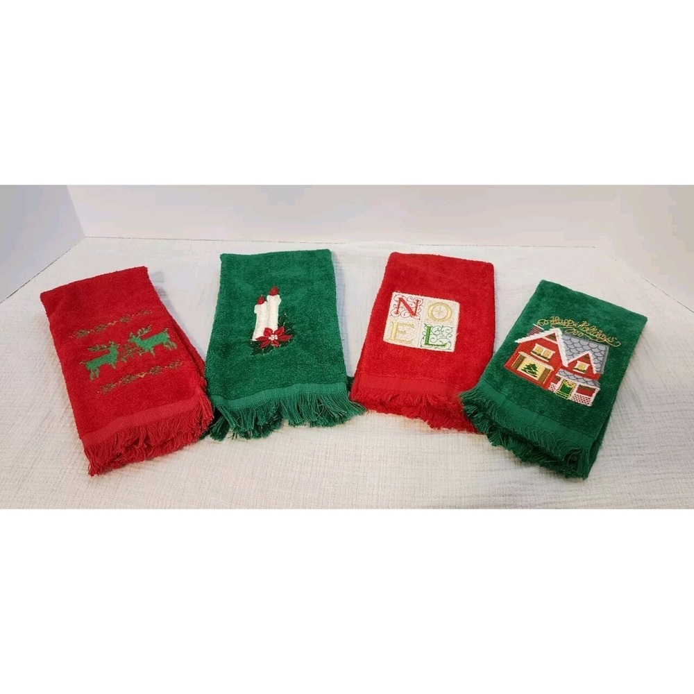 Vintage Lot of 4 RED GREEN Terry Christmas Hand Towels Candle Reindeer Noel